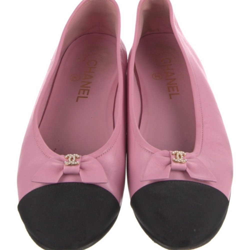 Chanel Pink and Black Cap-Toe Bow Leather Ballet Flats